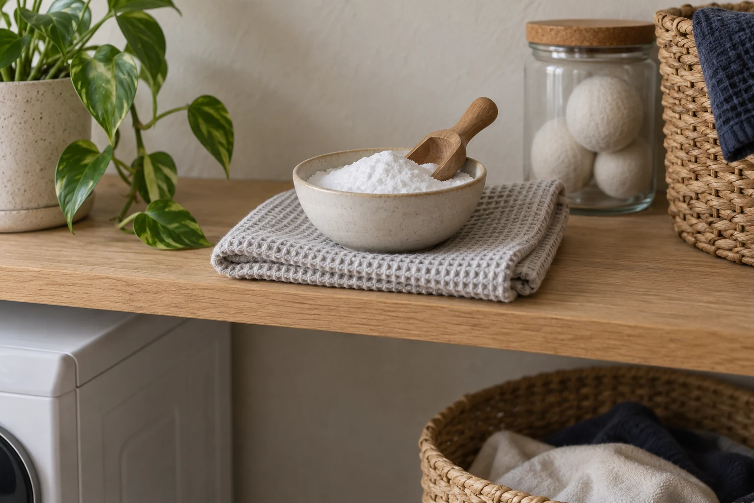 A ceramic bowl of white baking soda and wooden scoop rests on a folded gray waffle towel