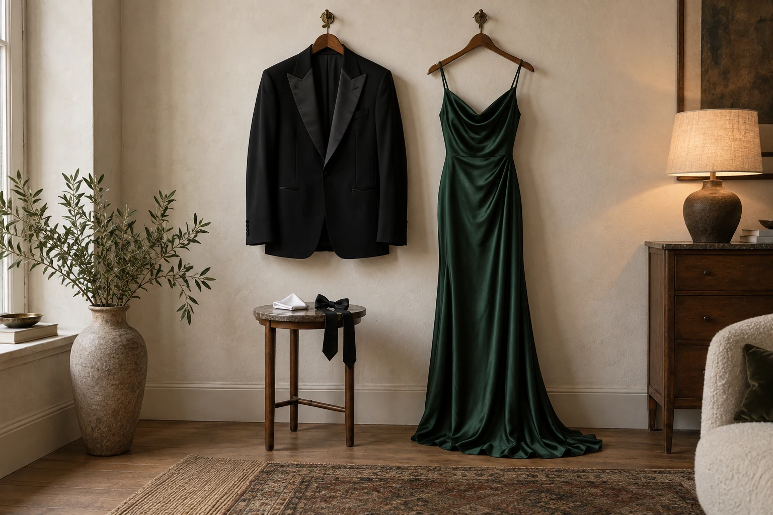 A black tuxedo jacket and deep green silk gown hang above a small table holding a pocket square and bow tie