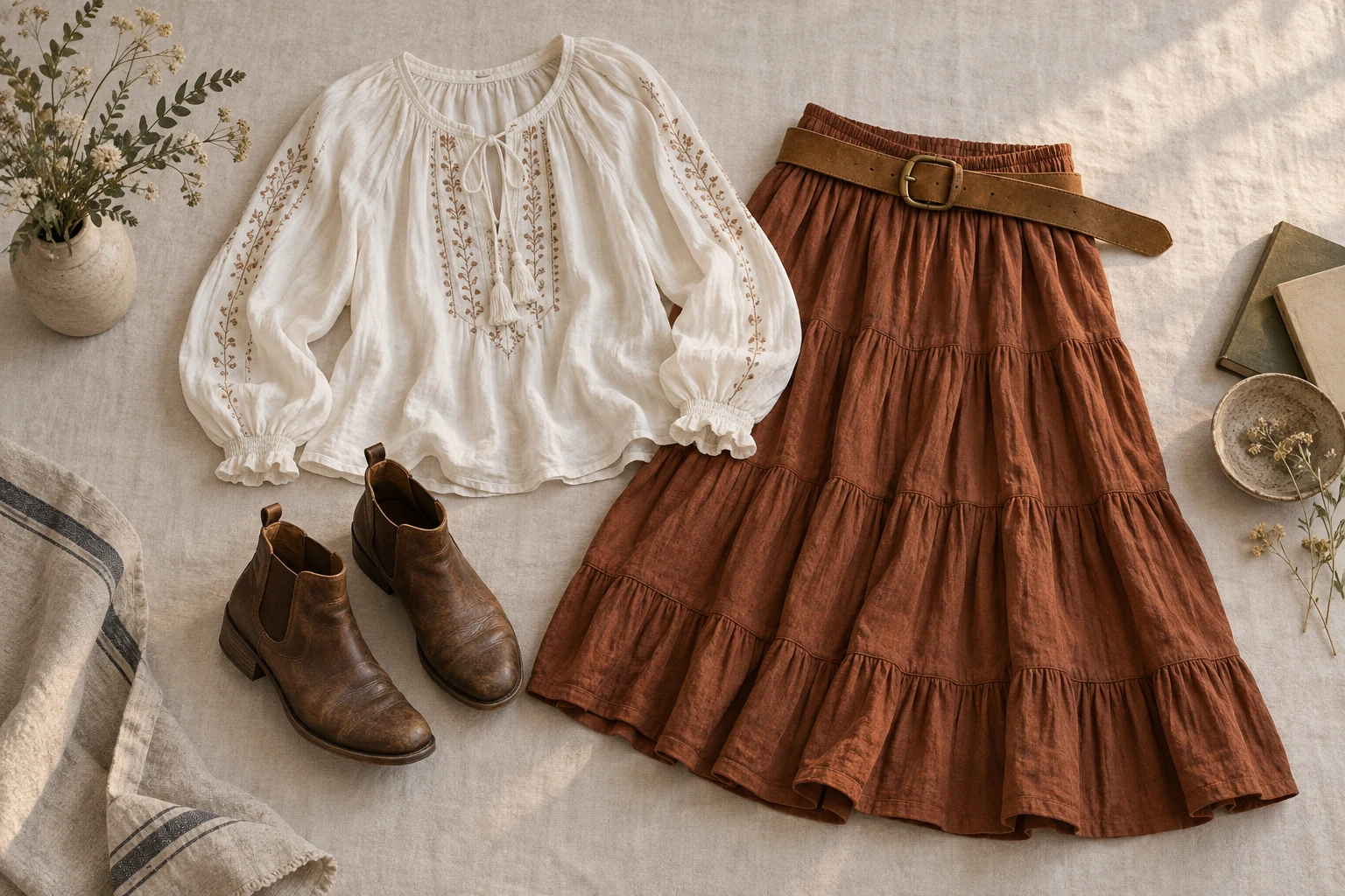 An embroidered white blouse, rust tiered skirt, suede belt and worn brown boots lie on pale linen
