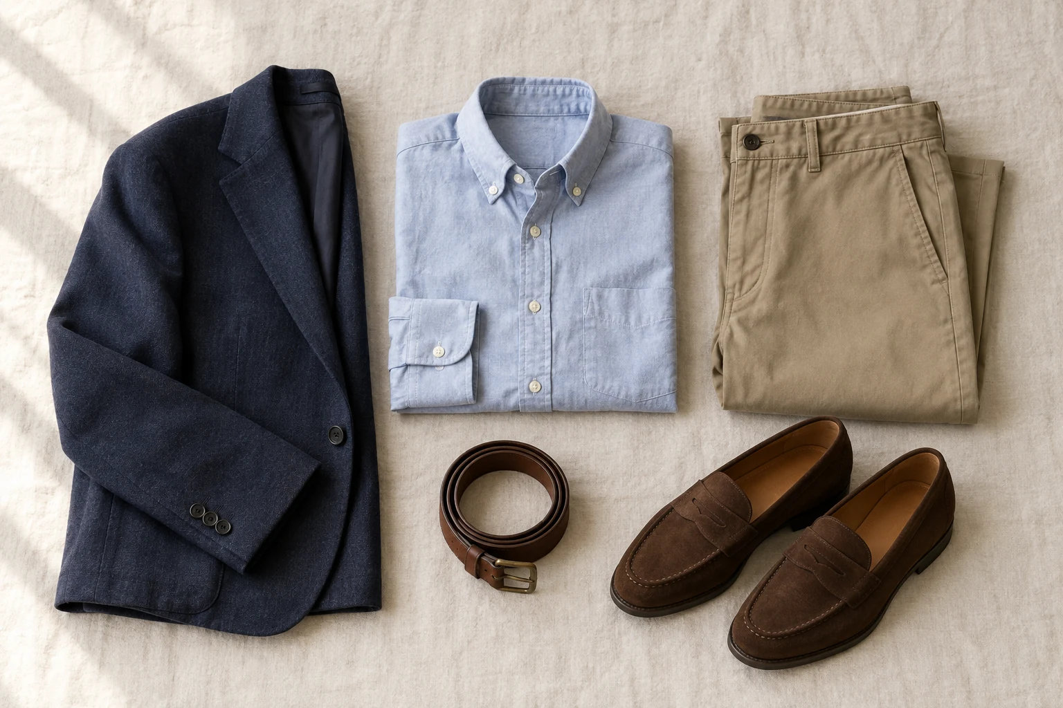 A navy sport coat blue shirt khaki chinos brown belt and suede loafers are laid out on linen