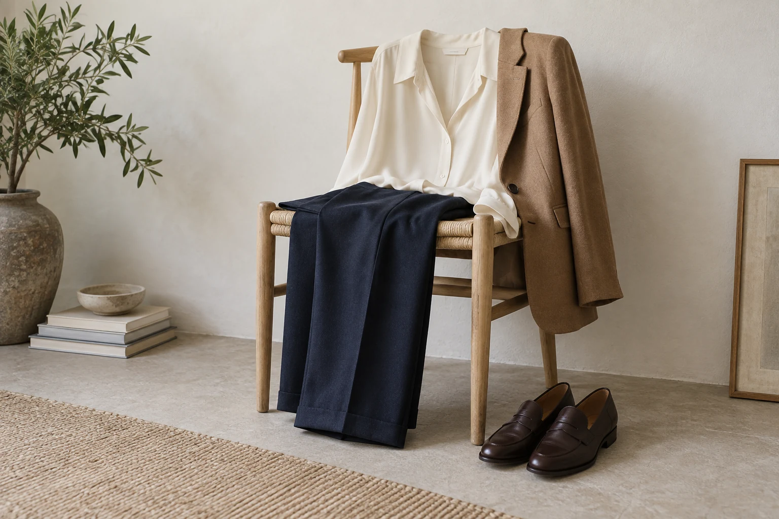 An ivory blouse camel blazer and navy trousers rest on a pale chair with brown loafers below