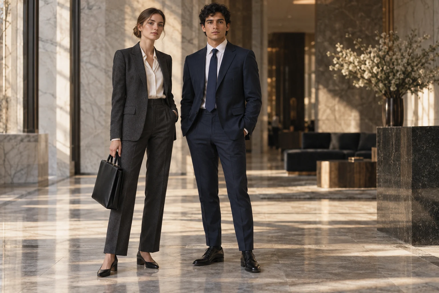 A young woman and man stand in tailored dark suits in a sunlit marble office lobby
