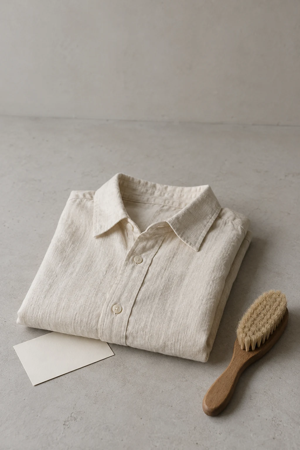 A folded cream linen shirt rests with a blank card tucked beneath it and a natural bristle clothes brush alongside.
