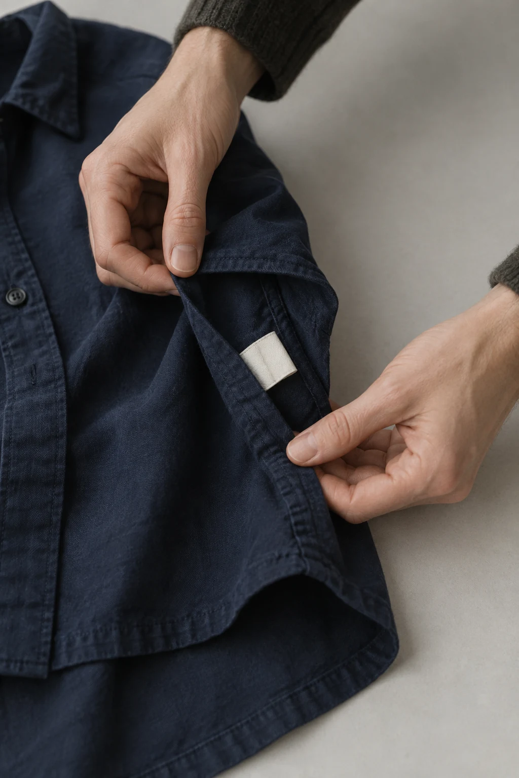 Two hands open the side seam of a navy cotton shirt to reveal a small blank folded care label