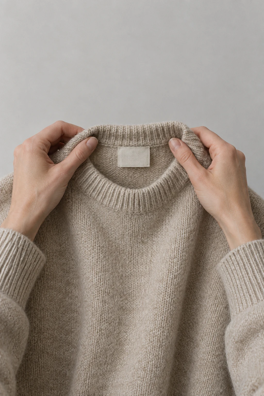 Two hands hold open an oatmeal wool sweater neckline to reveal a centered blank woven label.
