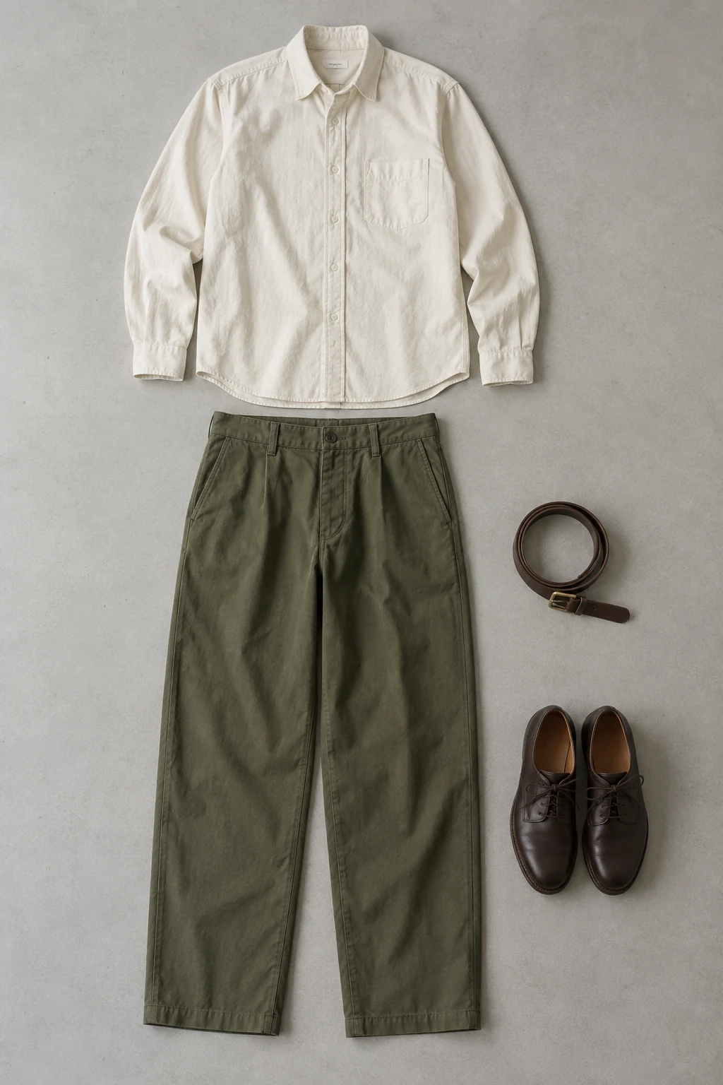 A cream shirt, olive trousers, brown belt, and dark leather derby shoes arranged neatly on a pale gray floor.