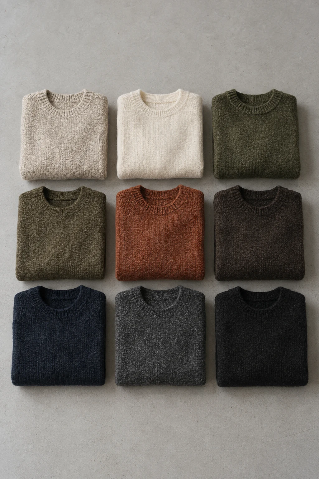 Nine folded wool sweaters form a tidy grid in muted cream olive rust navy and charcoal tones on a pale gray floor.