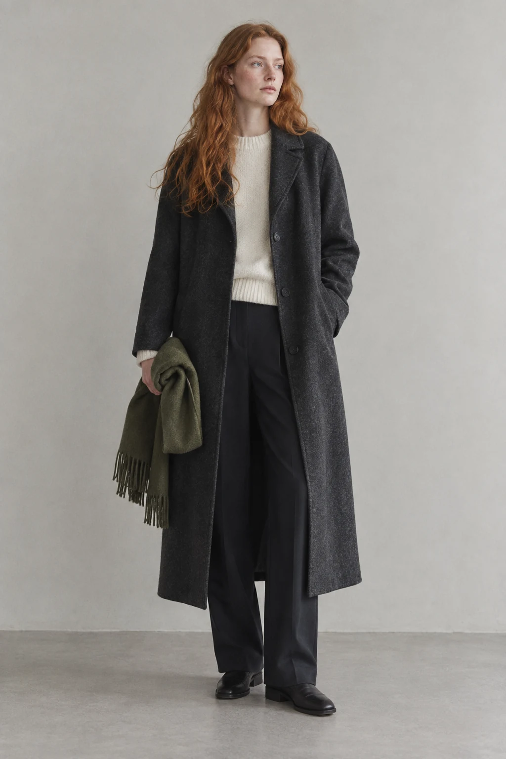 A young red haired woman in a long charcoal coat holds an olive scarf against a pale gray studio wall.