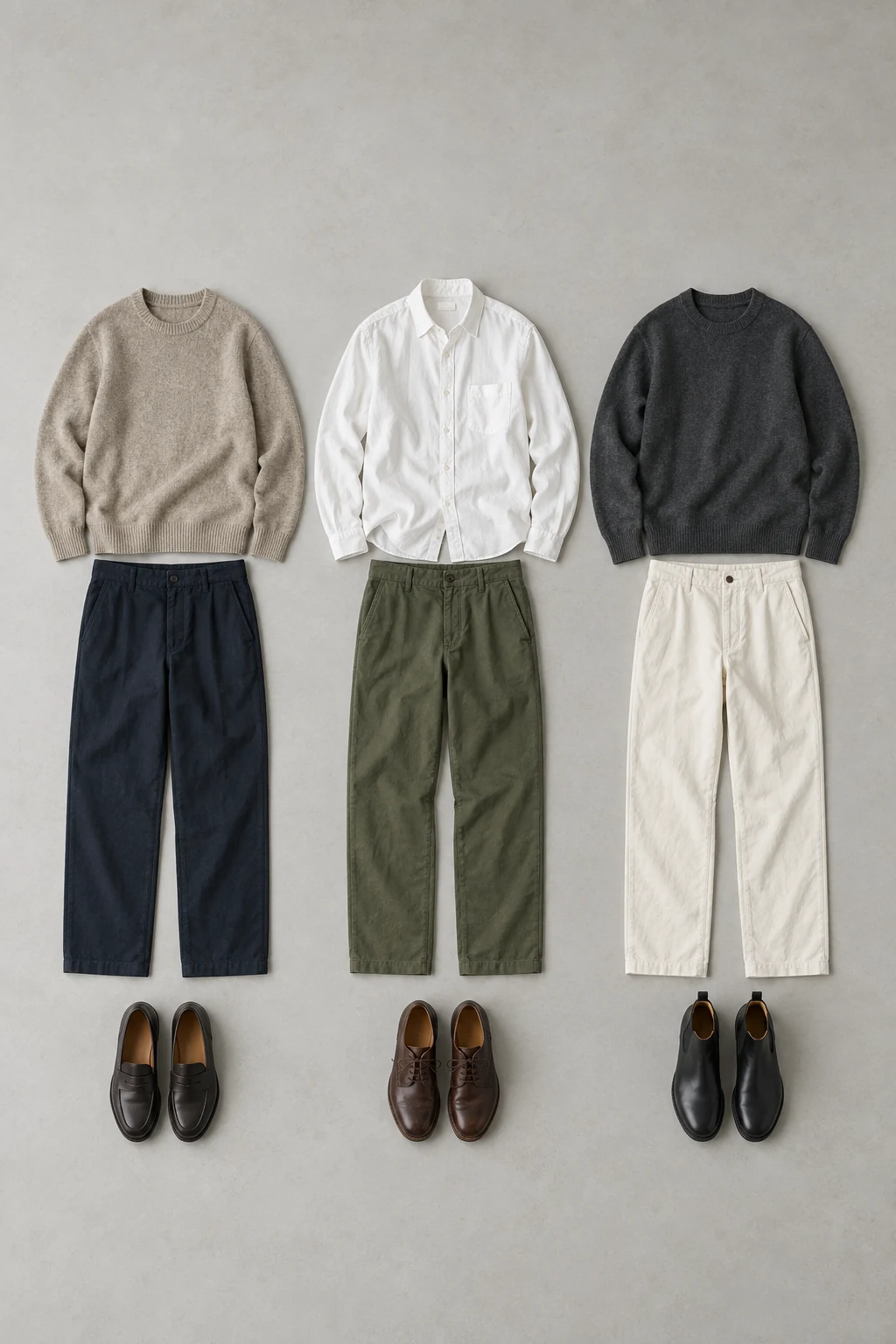 Three coordinated outfits in oatmeal navy white olive charcoal and cream lie neatly arranged with shoes