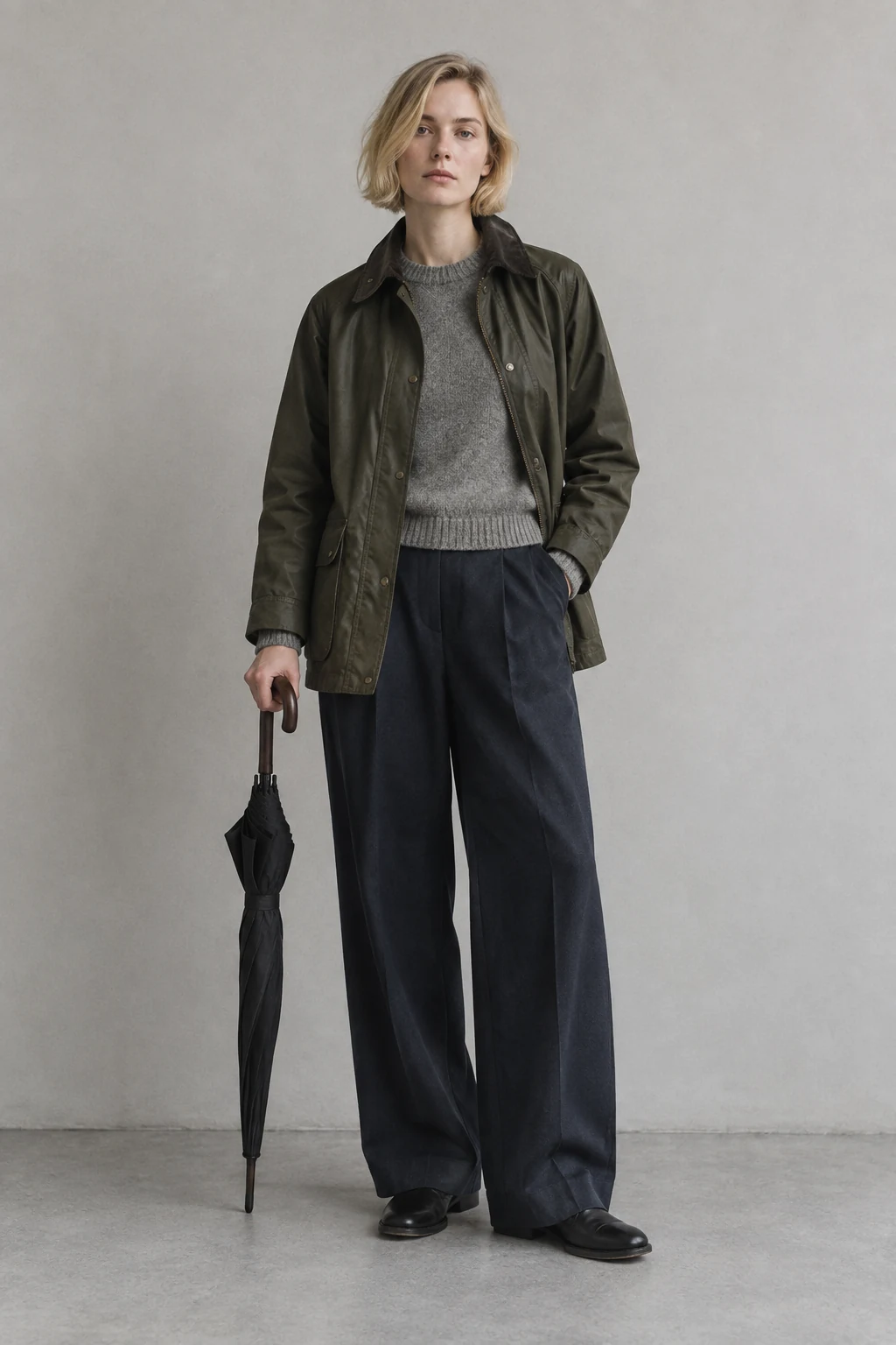 A young blonde woman stands calmly in an olive rain jacket gray sweater and wide navy trousers while holding a closed umbrella.