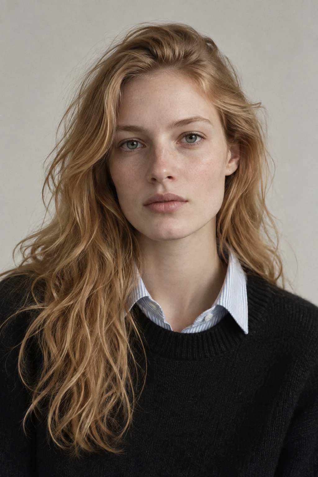 A young strawberry blonde woman in a black wool sweater and pale blue shirt looks calmly into the camera