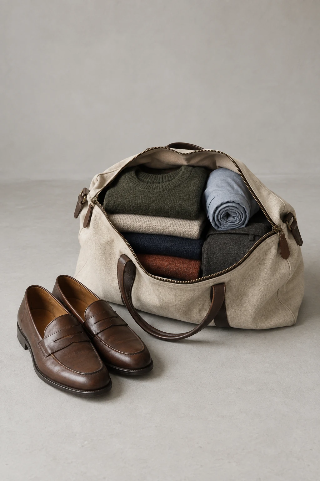 An open canvas and leather weekend bag holds folded knits and a rolled shirt beside brown leather loafers.