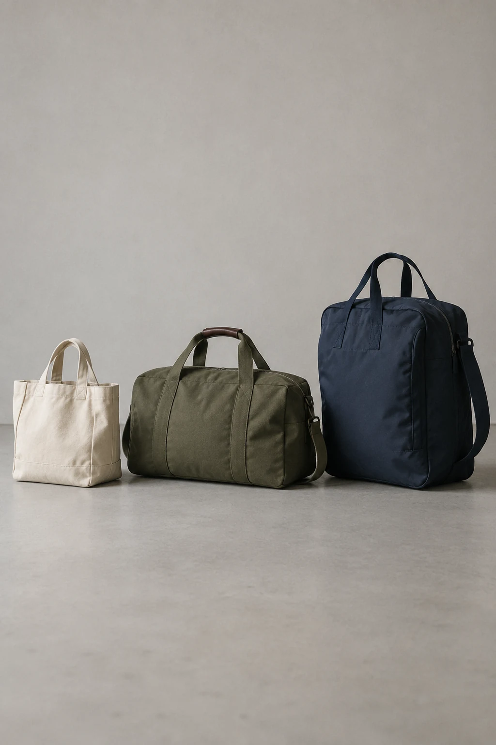 A cream canvas tote, olive duffel, and navy cabin bag stand in a neat row on a pale gray floor.