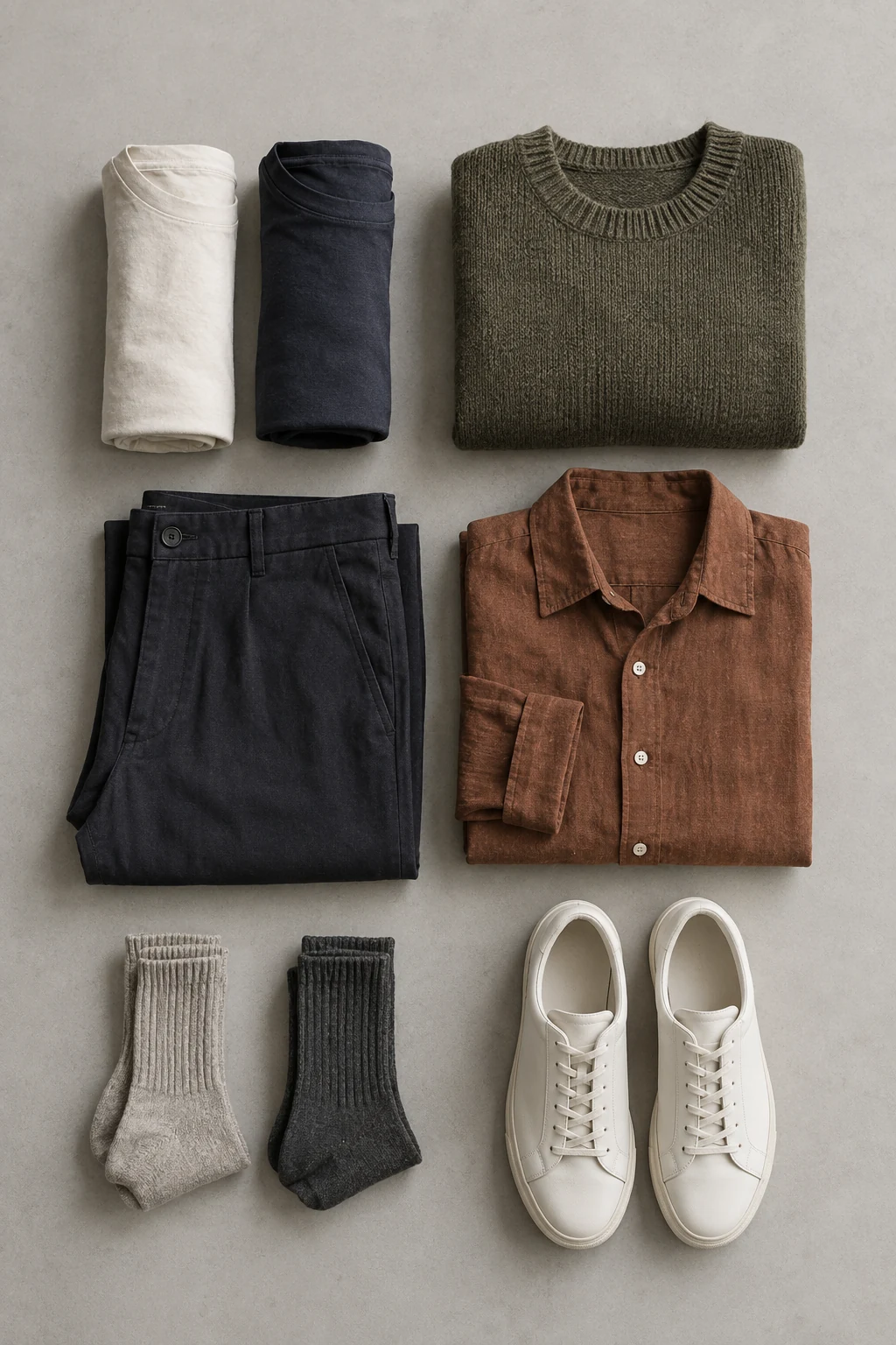 A travel wardrobe of rolled shirts folded clothes socks and white sneakers is arranged in a tidy grid