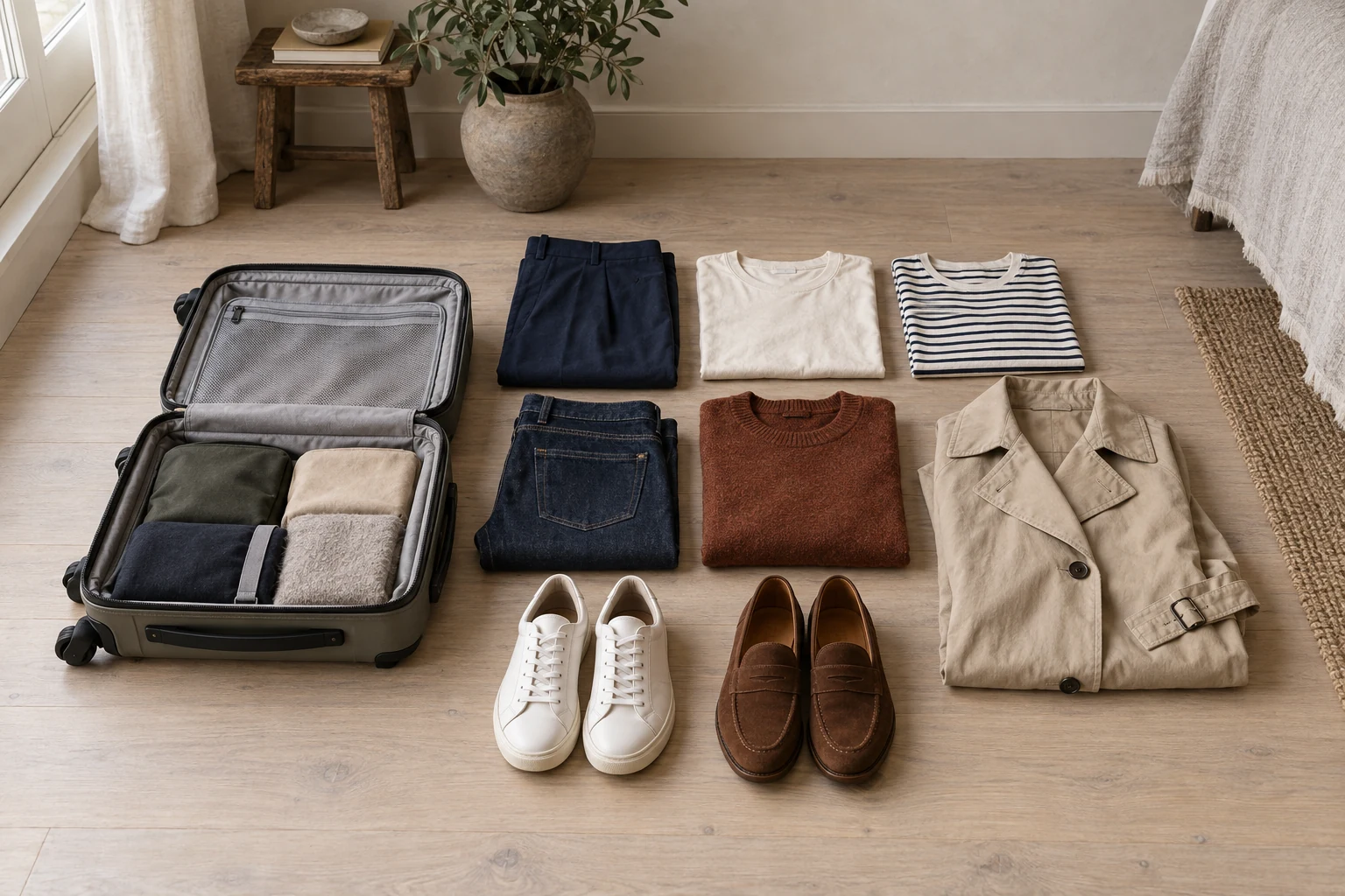An open carry on sits beside a neatly arranged capsule of neutral clothes and shoes on a pale wood floor.
