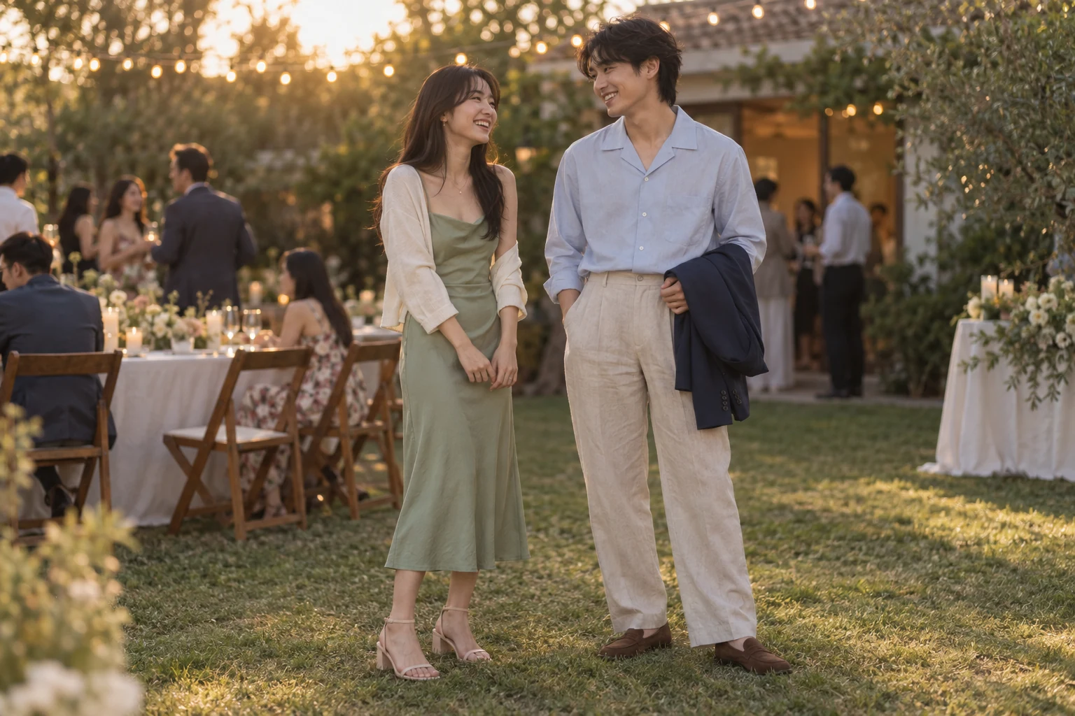 Two stylish young wedding guests laugh together at a golden hour garden reception.