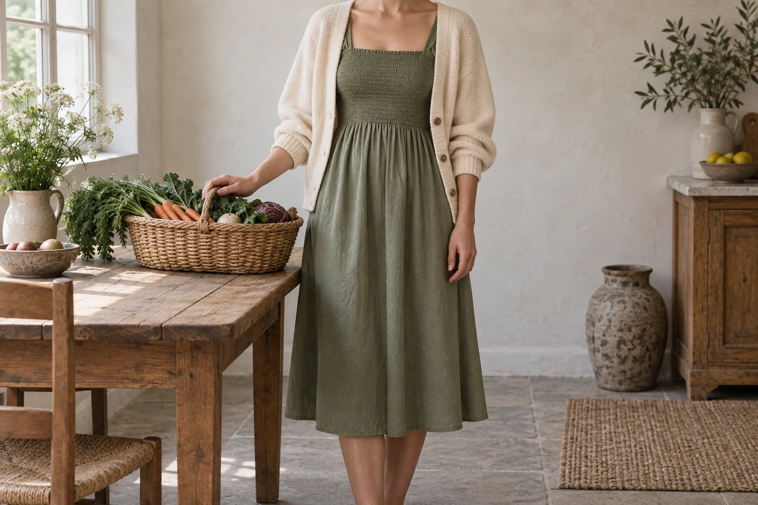 A woman in a sage green smocked midi dress and cream cardigan stands beside a basket of vegetables