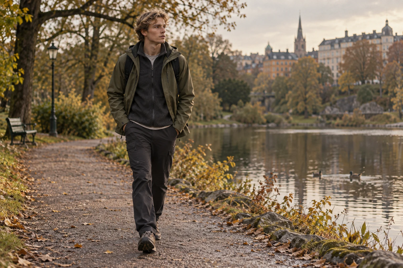 A young man in olive technical layers and hiking trousers walks beside a lake in an autumn city park.