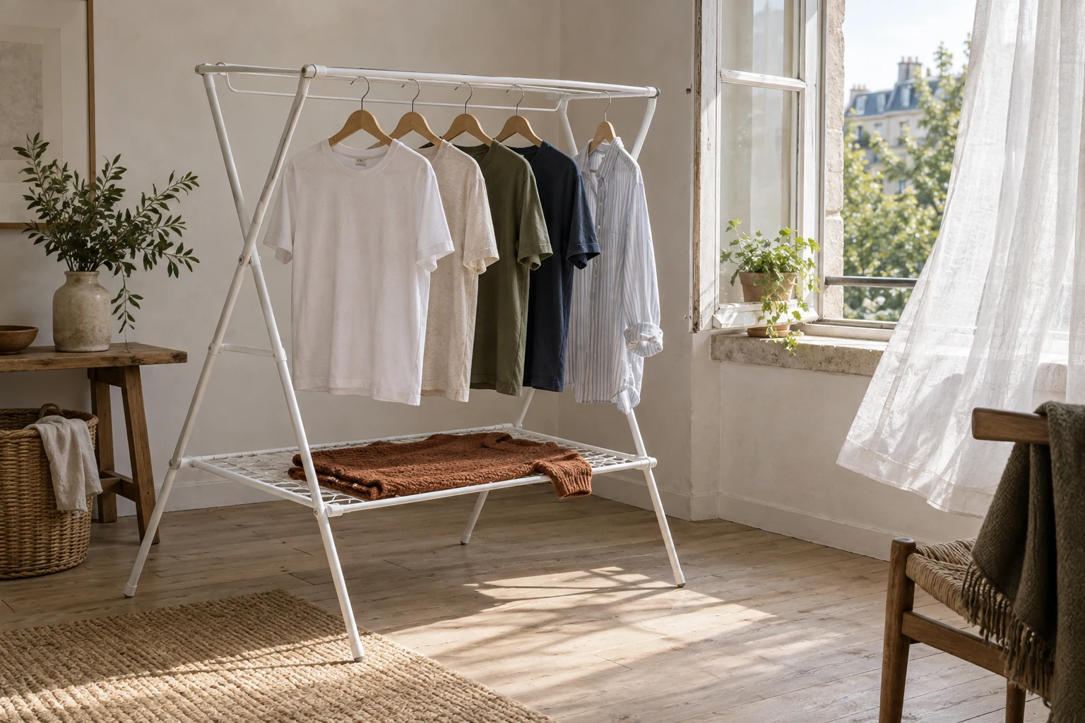 White drying rack with shirts and a rust sweater beside an open sunlit window