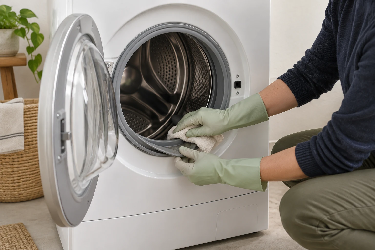 Gloved hands pull back and wipe the gray seal of an open white front load washing machine