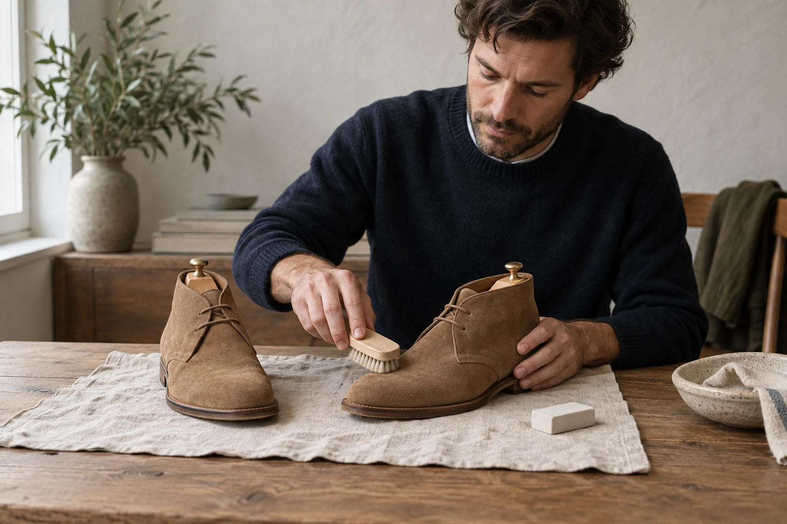 A man brushes the toe of a tan suede chukka boot beside its mate wooden shoe trees and a suede eraser.