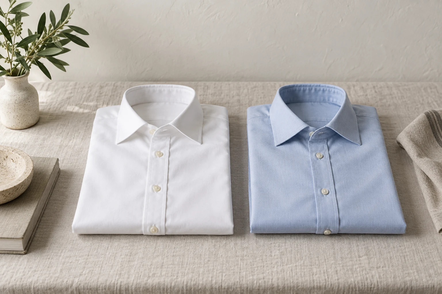 White and light blue dress shirts sit neatly folded on a pale linen covered table