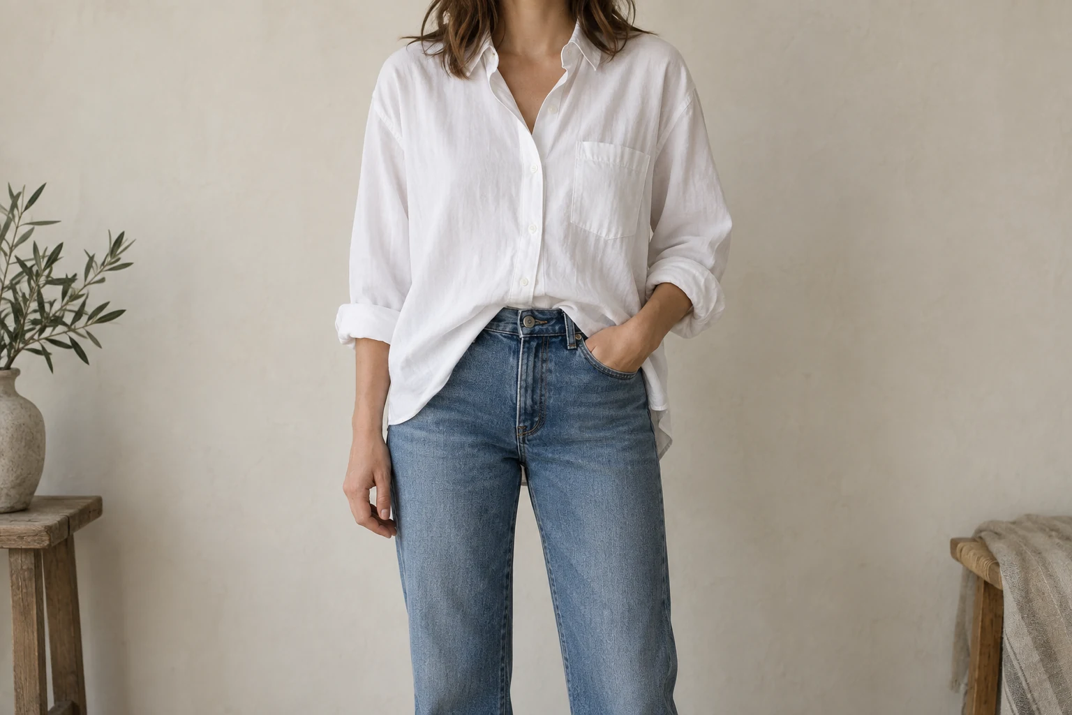 A white oversized shirt is tucked only at the front into straight mid blue jeans against a warm wall.
