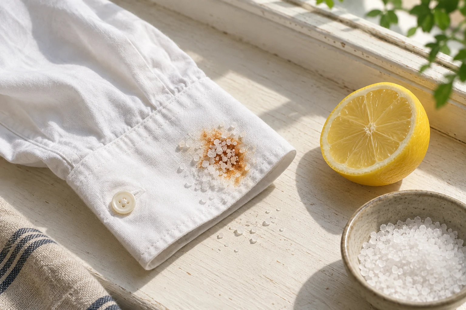 Coarse salt covers an orange rust mark on a white shirt cuff beside half a lemon on a sunny sill