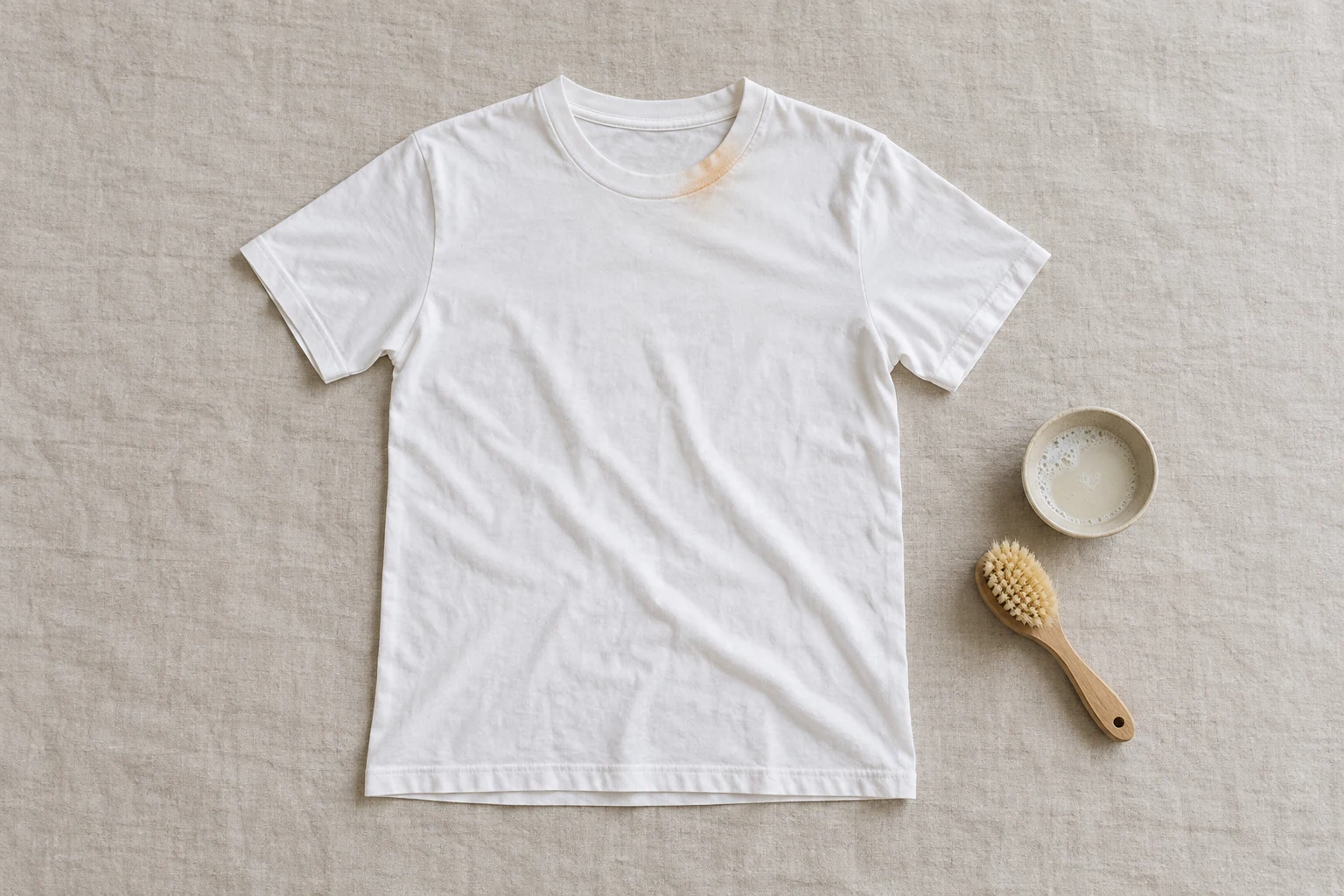 A full white T shirt with a faint orange collar mark lies beside liquid soap and a soft brush