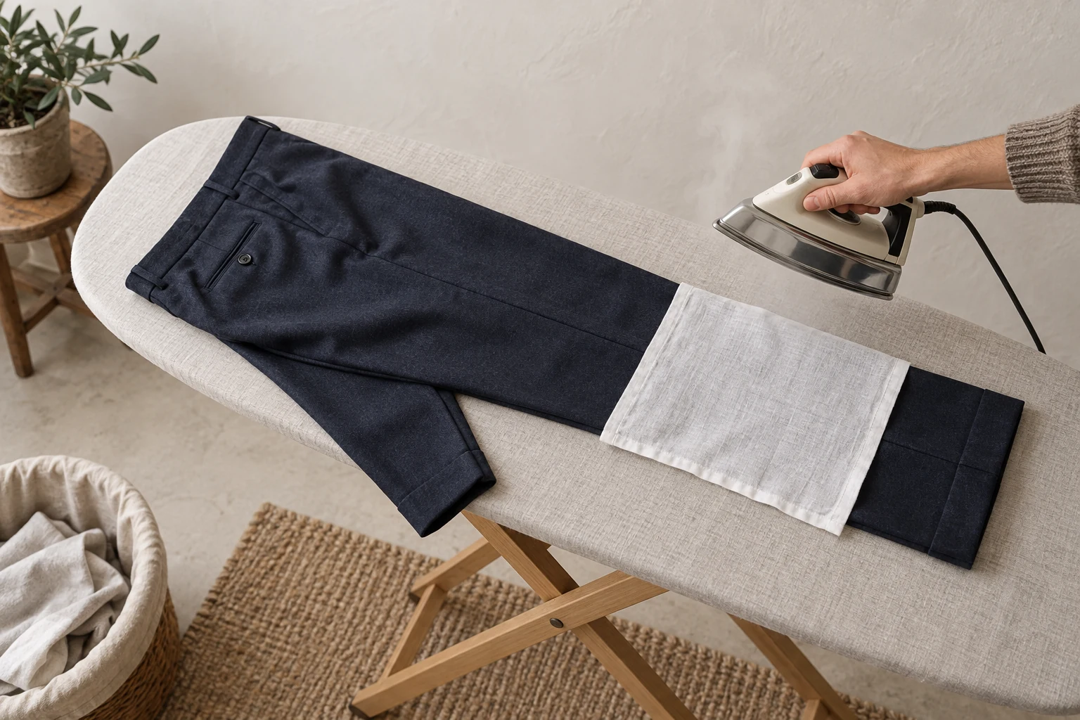 A hand lifts a plain steam iron above a press cloth covering aligned navy wool trousers on an ironing board