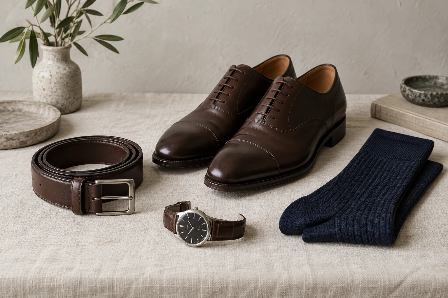 Dark brown oxford shoes sit with a coiled belt navy socks and a steel watch on pale linen
