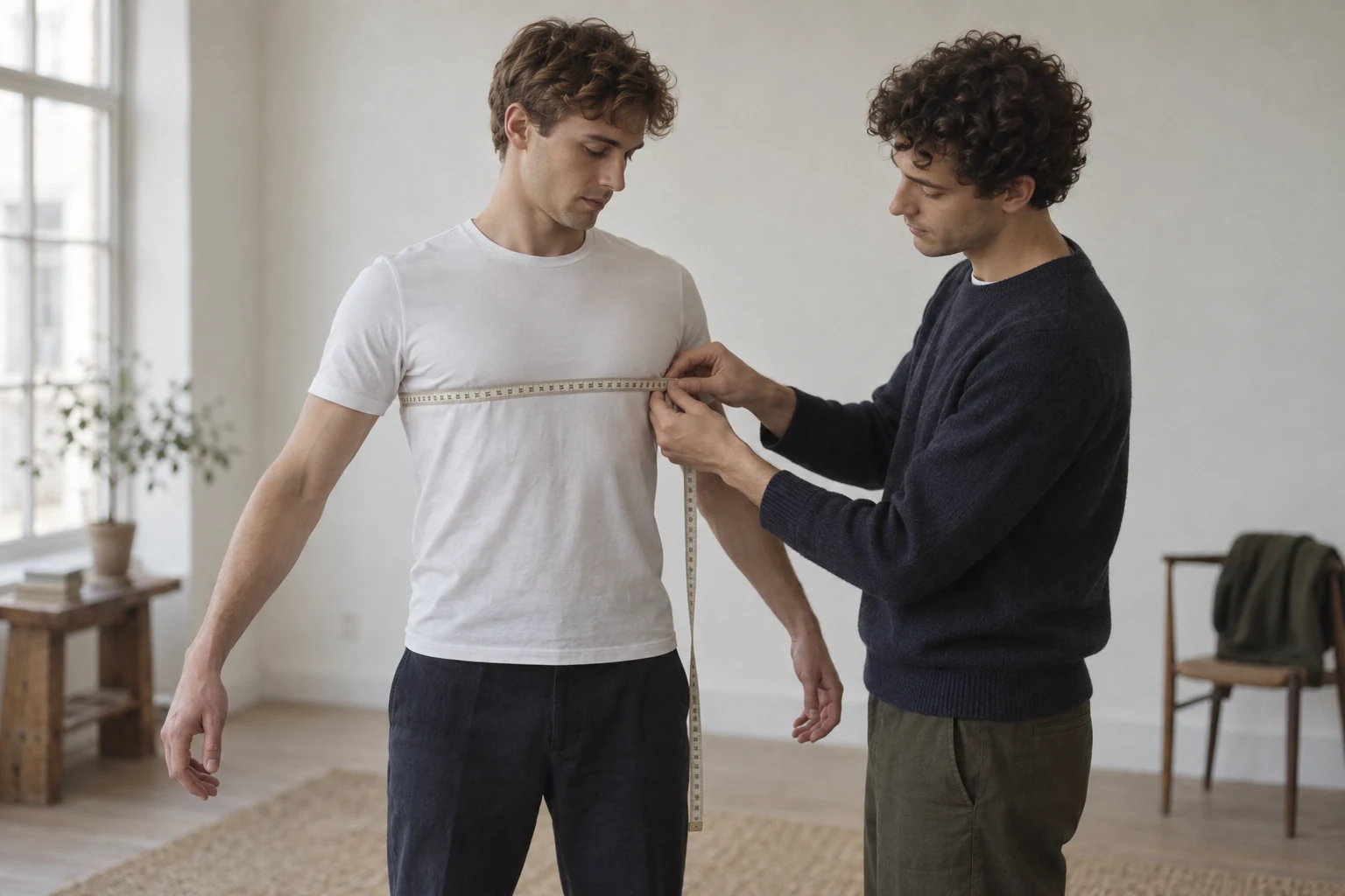 A woman checks a plain tick marked tape held level around a man's chest in a softly lit room.