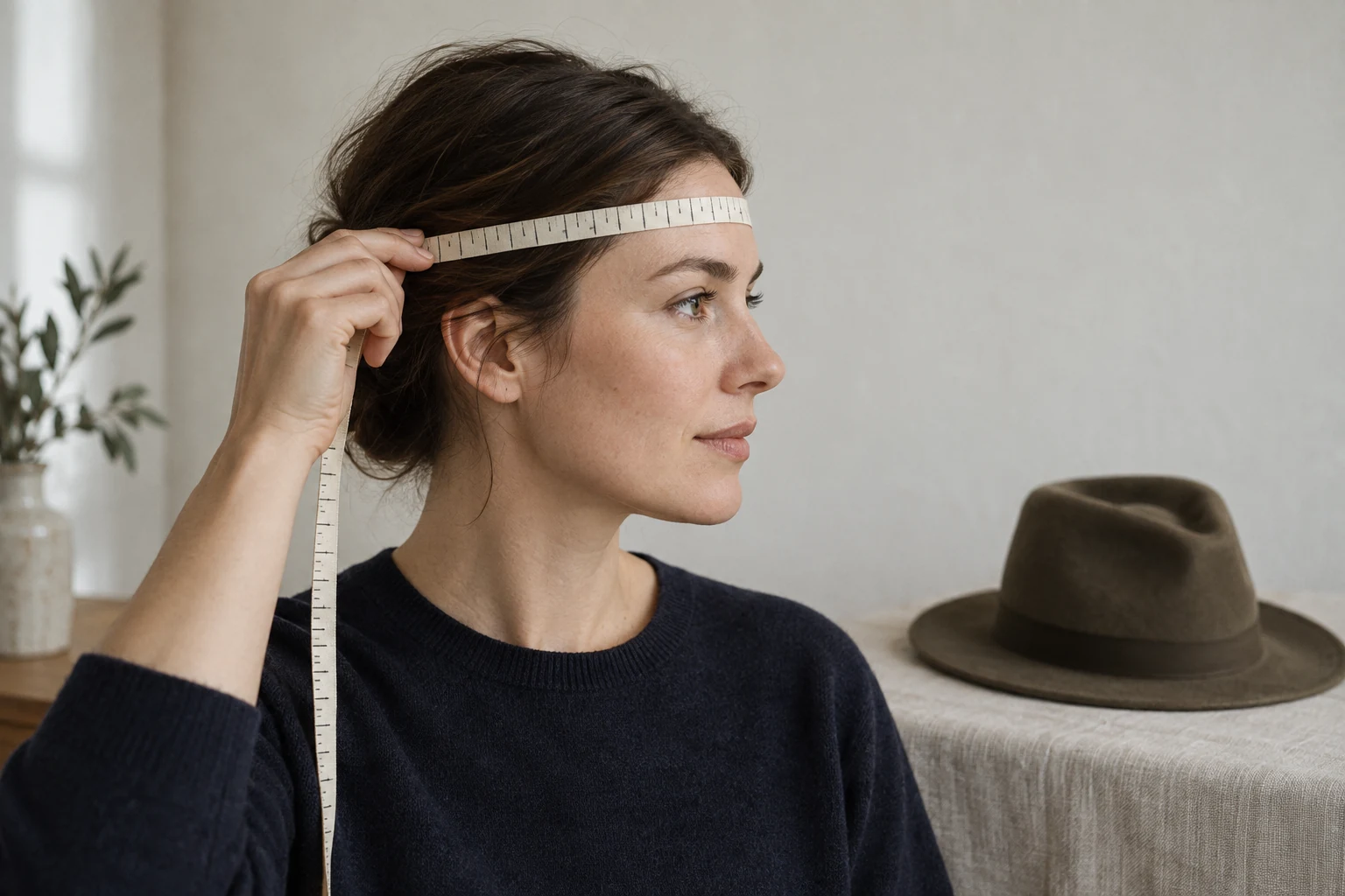 A woman in profile holds a cream tape around her forehead beside a felt hat on a linen table