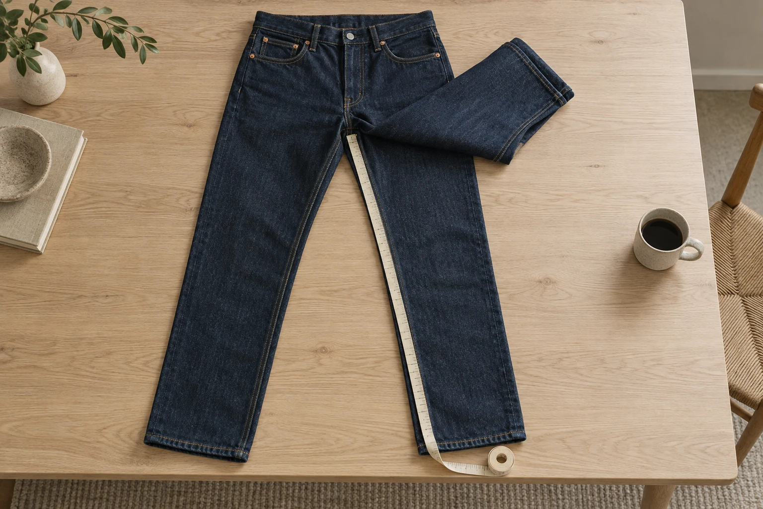 Dark indigo jeans lie on pale oak with one leg folded back and a blank cream tape along the inseam