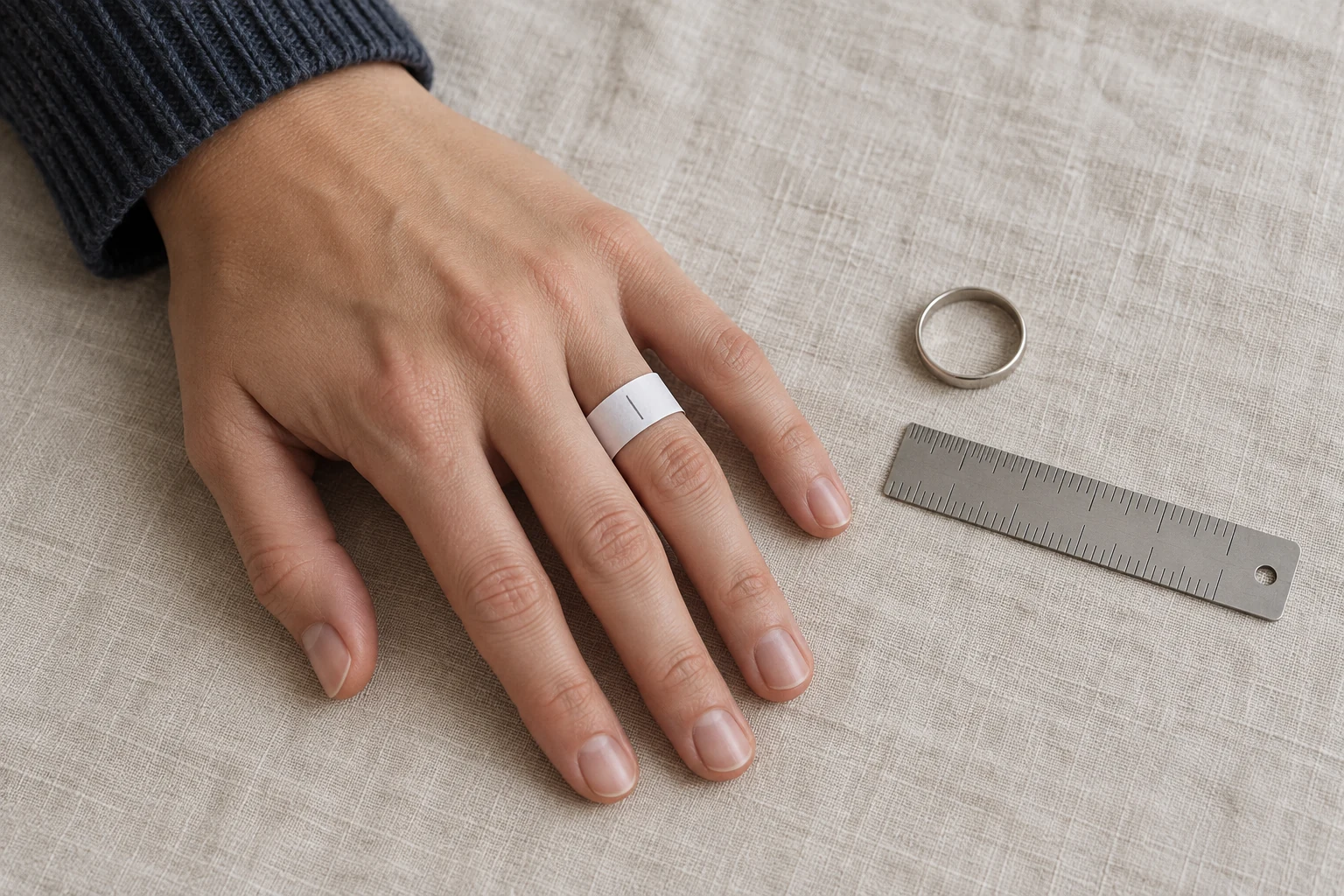 A white paper strip with one pencil mark wraps a ring finger beside a metal band and ruler.