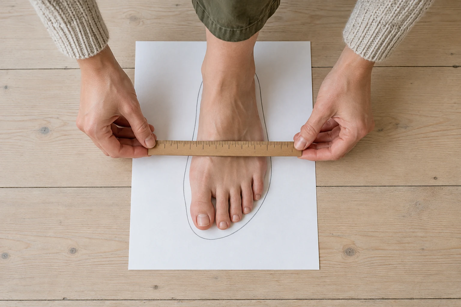An overhead view shows a bare foot on its pencil tracing while two hands hold a wooden ruler across the ball.