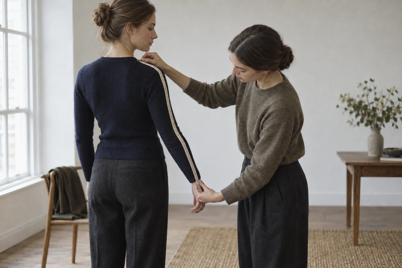 A helper measures from the base of a man's neck over his shoulder and along his gently bent arm to the wrist.