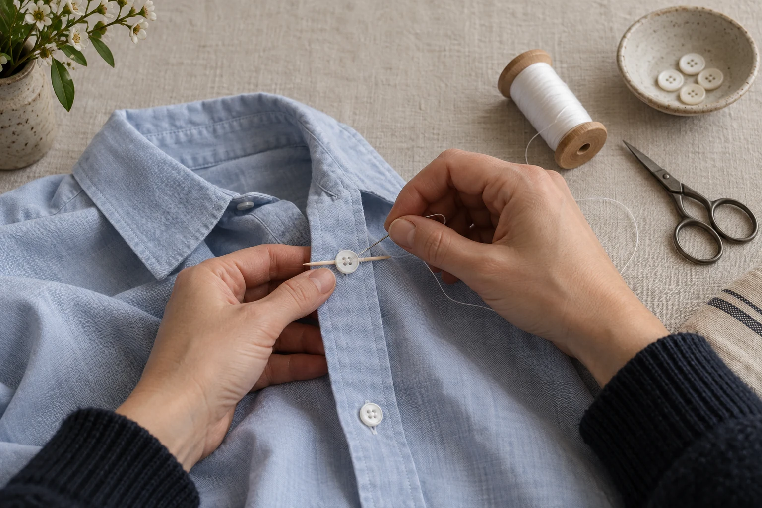 Two hands sew a white button onto a pale blue shirt using a toothpick as a thread spacer