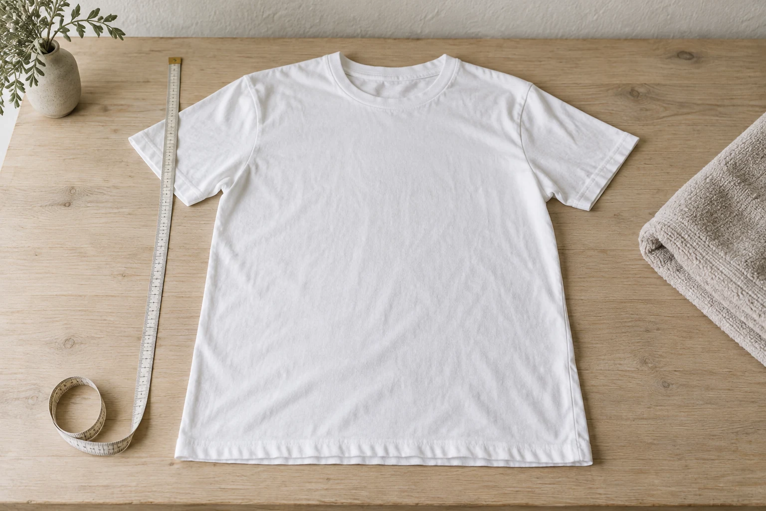 A plain white cotton shirt lies flat beside a cloth measuring tape and folded towel on pale wood