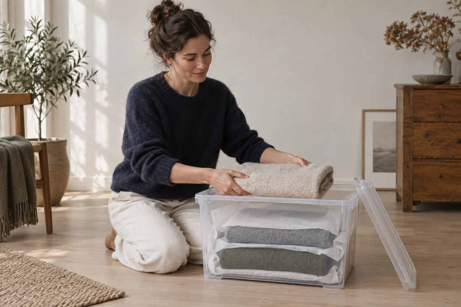 A woman lowers a folded oatmeal sweater into a clear bin layered with knitwear and white tissue