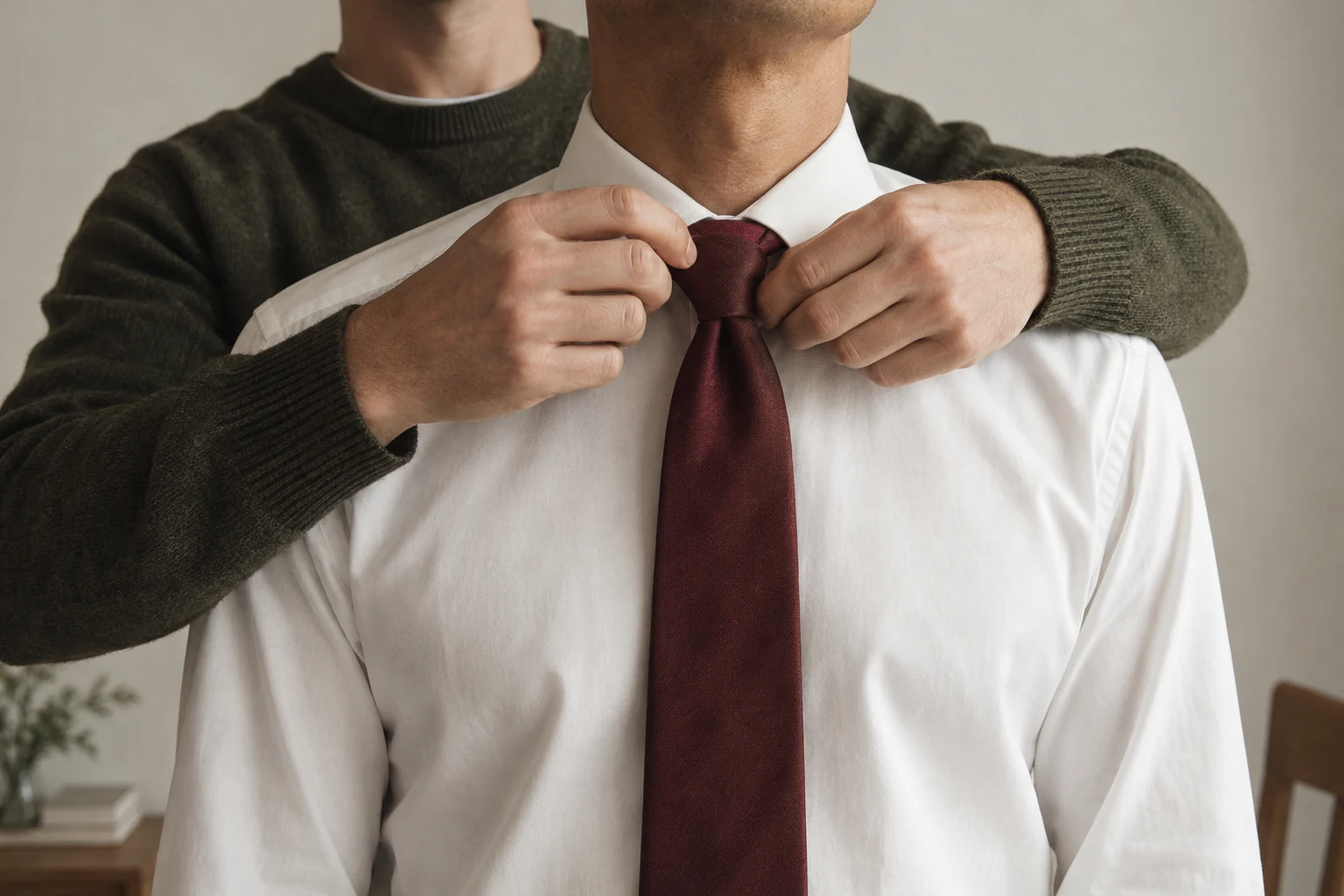 A person reaches from behind to adjust a burgundy tie knot on someone wearing a white shirt