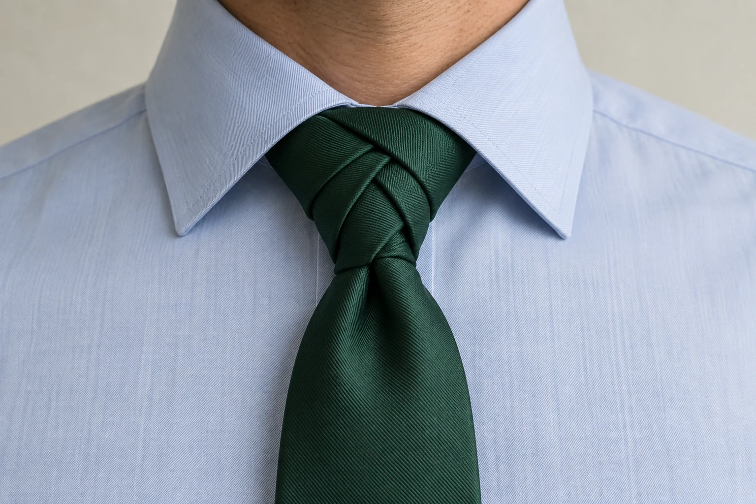 A deep green Eldredge knot shows layered diagonal bands beneath a pale blue spread collar