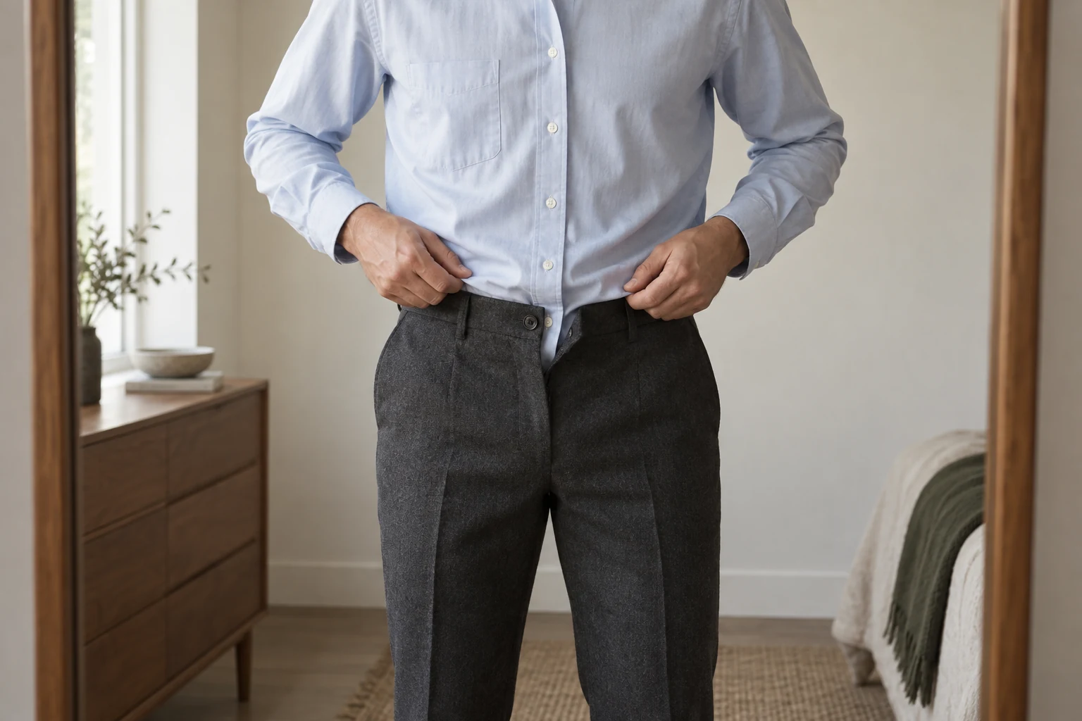 A man framed below the shoulders smooths a pale blue shirttail into open charcoal trousers at a mirror