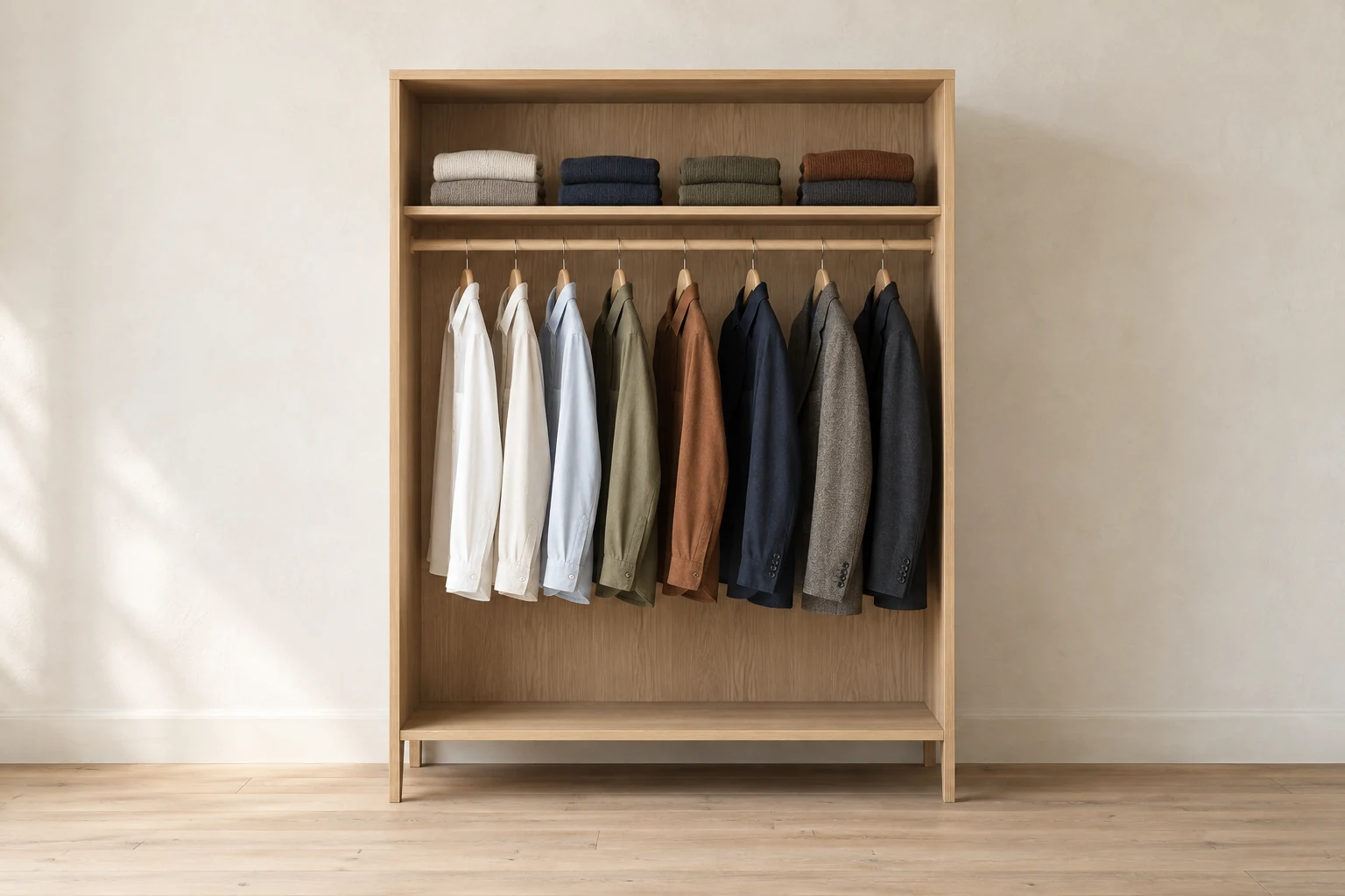 A complete pale oak wardrobe holds spaced shirts and jackets below neatly folded muted knitwear