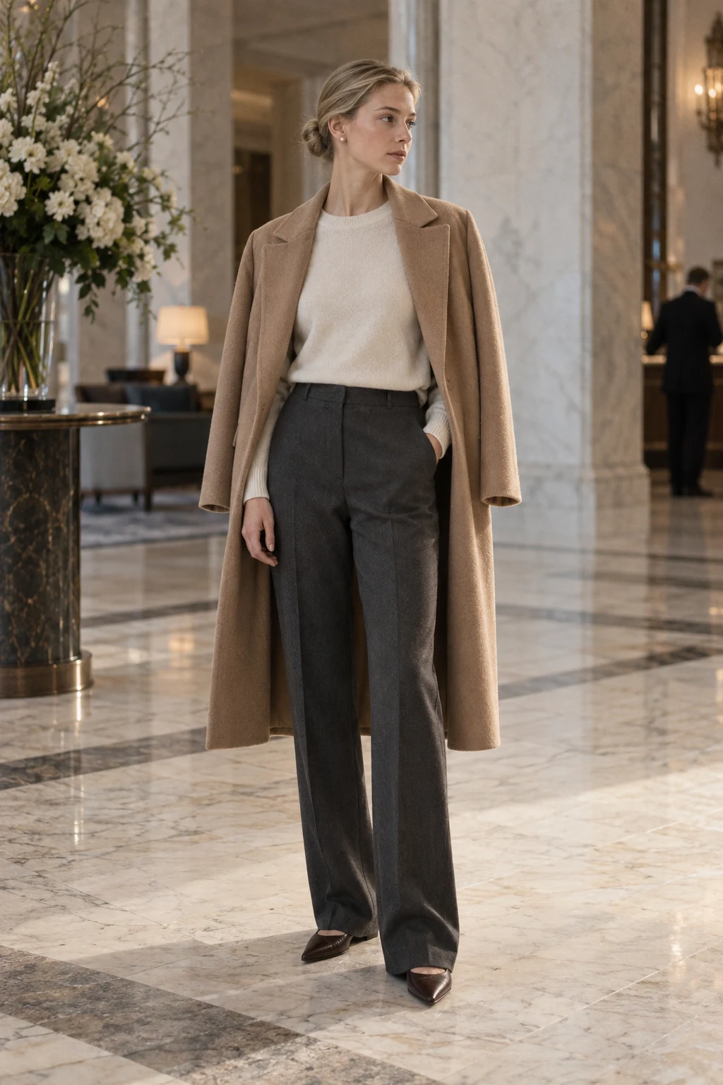 A composed woman in a draped camel coat, ivory knit and charcoal trousers stands in a pale marble hotel lobby.