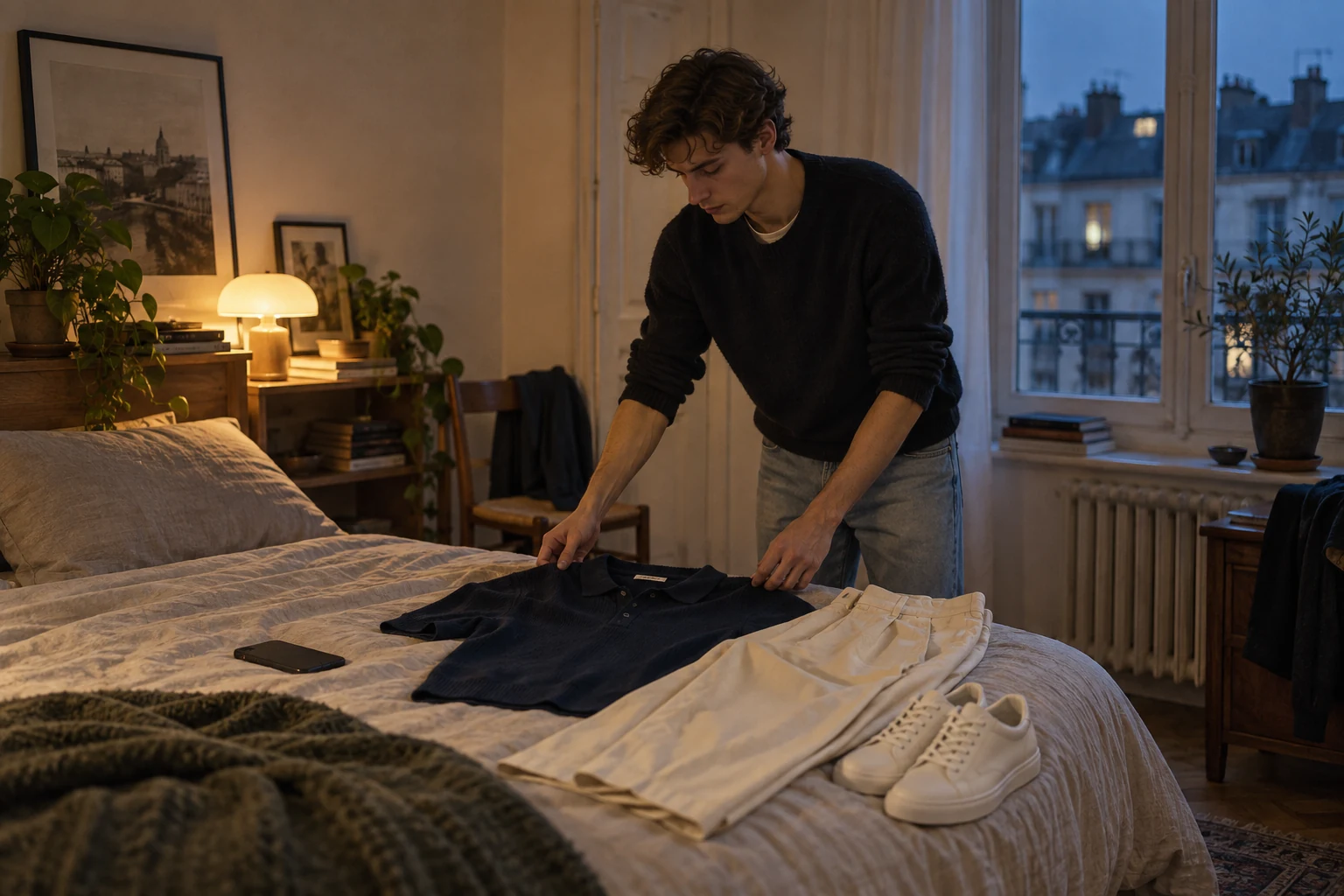 A young man arranges a navy knit polo with cream trousers and white sneakers on his bed at dusk