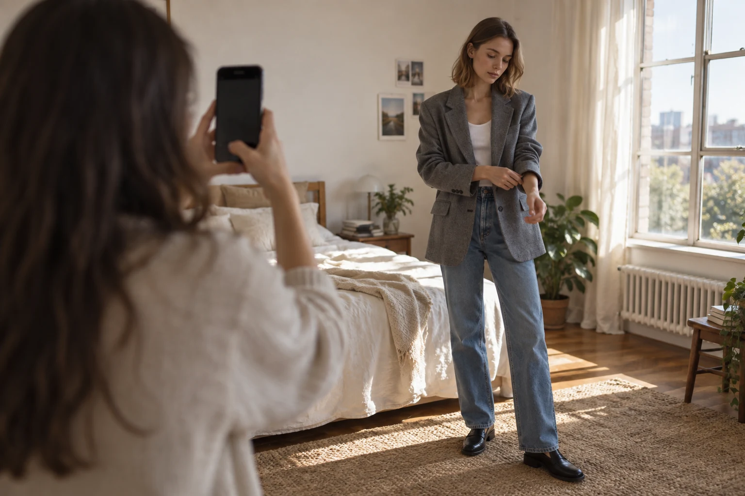 A woman adjusts the sleeve of her gray blazer as a friend photographs her outfit in a sunlit bedroom.