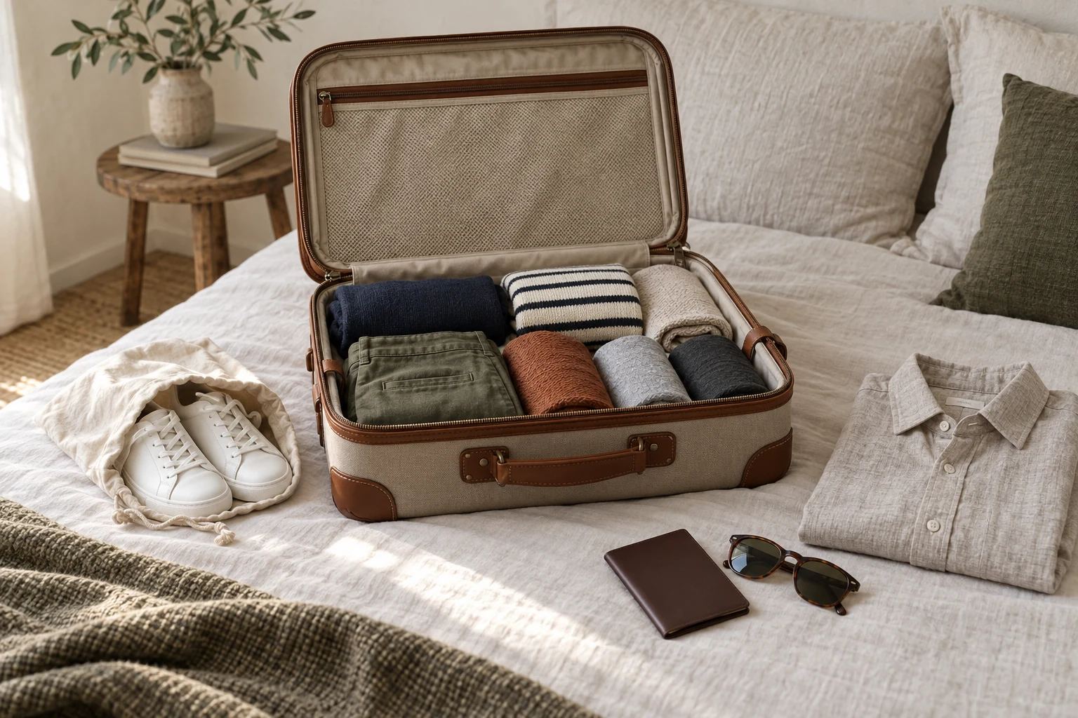 An open canvas suitcase holds rolled clothes beside bagged white sneakers a linen shirt and travel accessories.