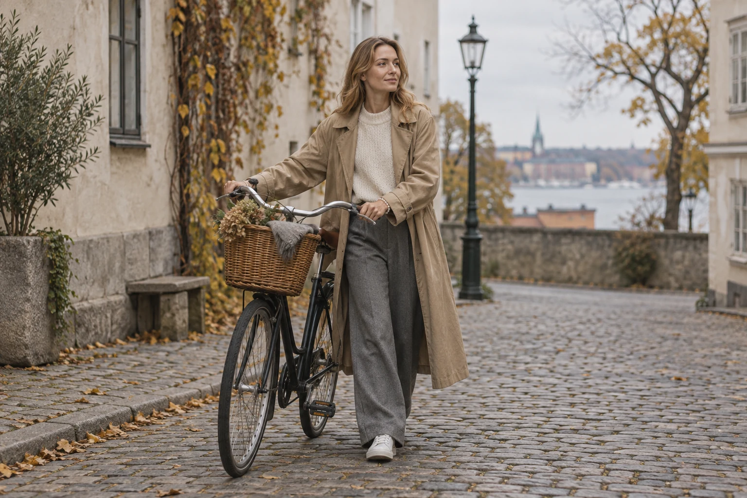 A woman in layered neutral clothing wheels a city bicycle along a quiet autumn cobbled street.
