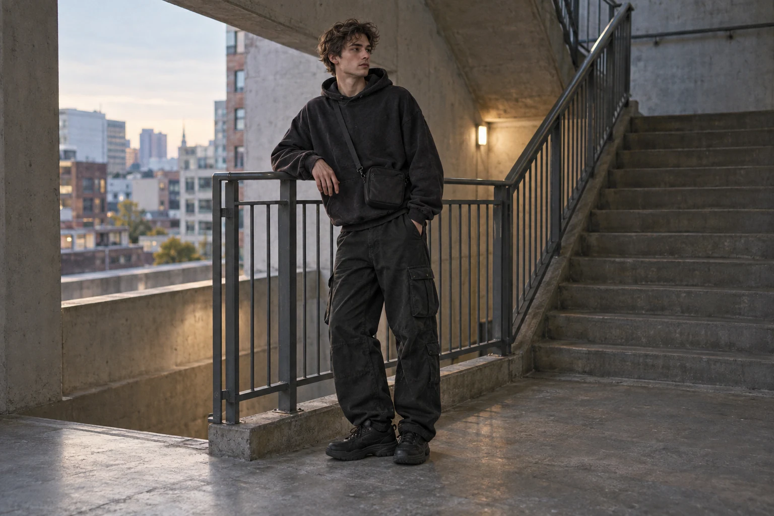 A young man in dark streetwear leans against a metal railing in a concrete urban stairwell